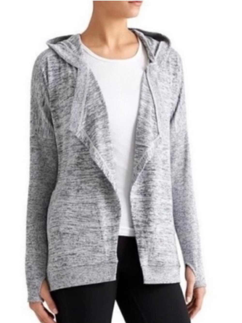 Athleta Slouchy Lagenlook Gray Marled Open Front Blissful Wrap Hooded Cardigan S